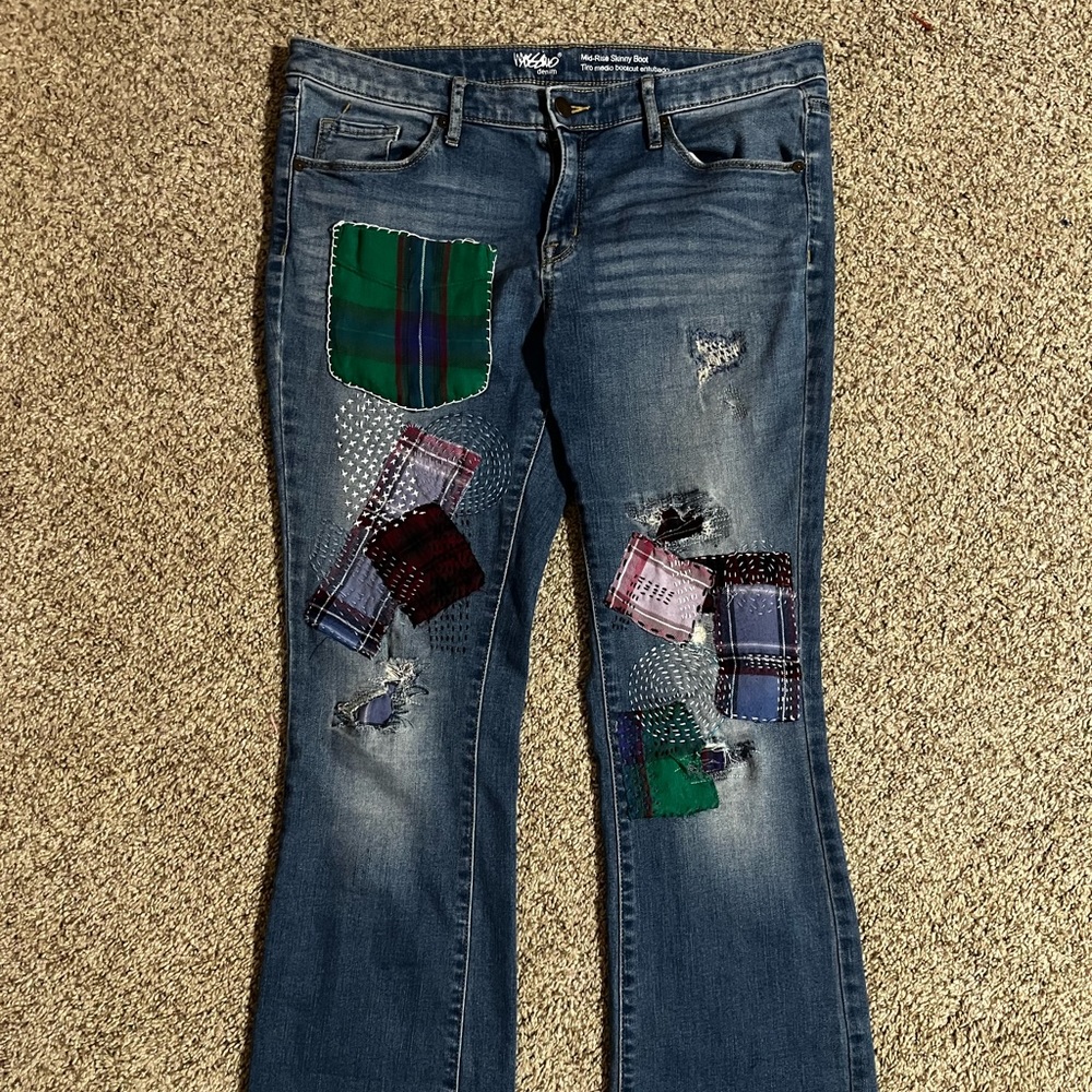 Vintage Mossimo jeans. Upcycled with patches and unique shashiko stitching.
